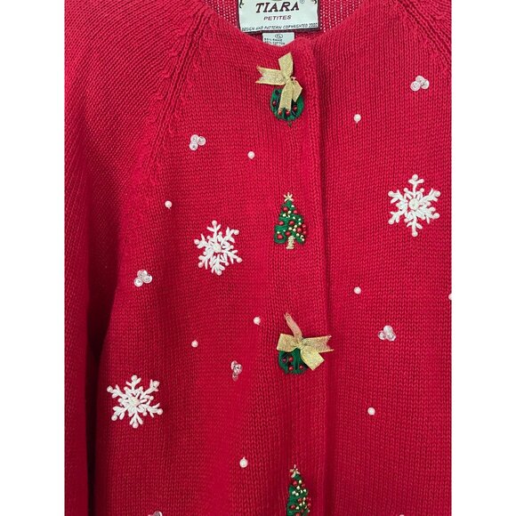 Tiara Petites Red Ugly Christmas Sweater Snowman Snowflake Applique Sequin Pearl - Picture 5 of 9